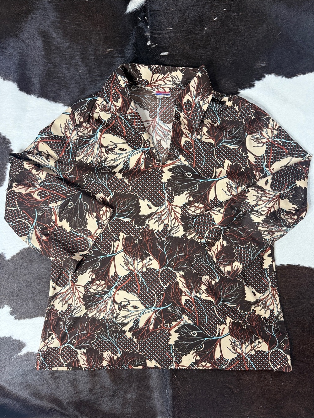 Women's Long-Sleeve Floral Print Blouse in Brown and Cream